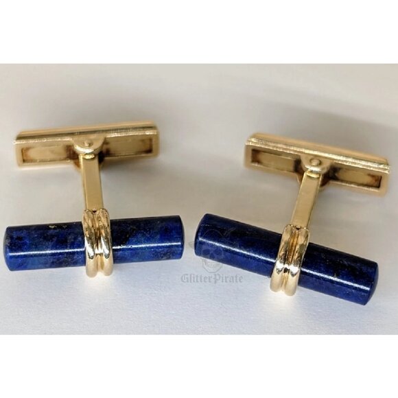 Vintage 14k Yellow Gold Lapis Cylinder Bar Cufflinks